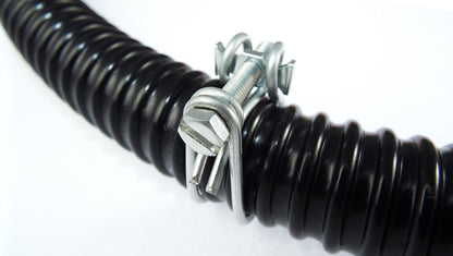 Double wire hose clamp securing black corrugated hose, side view of fastener