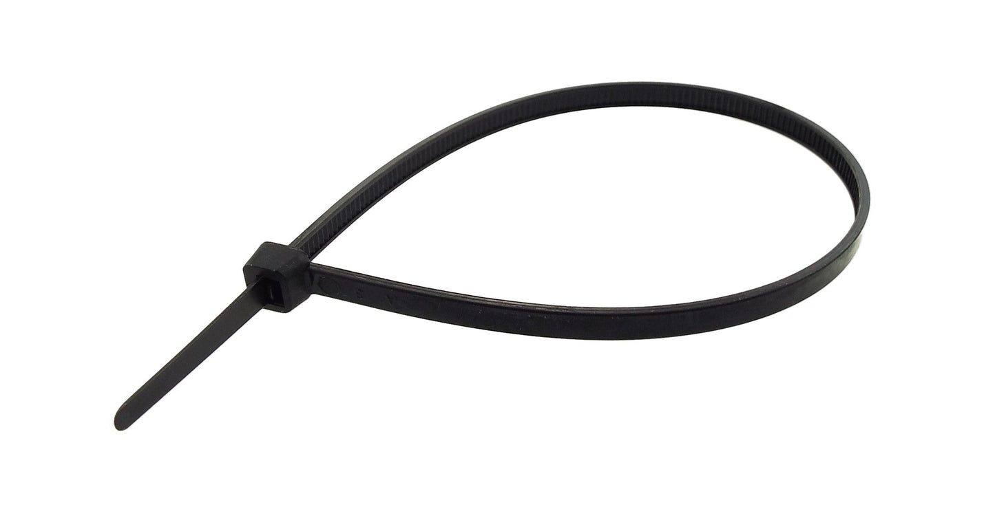 Black cable tie with pointed tail and locking head
