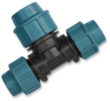 MDPE Tee reducing 25-32-25 mm with blue MDPE end sockets and black centre piece