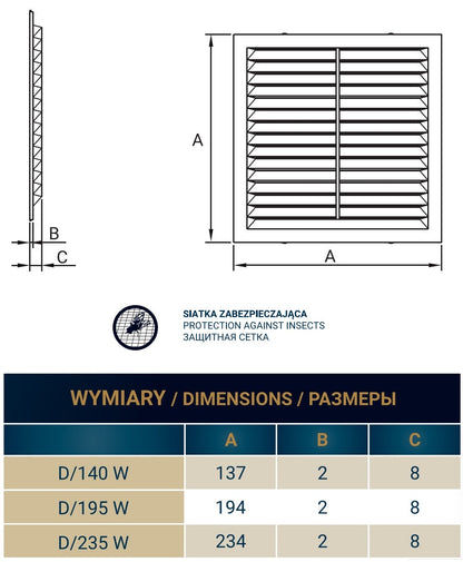 Dimensions comparison sheet includes D/235 W and fly screen mesh note