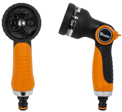 Black-and-orange sprayer nozzle with orange handle and pattern dial