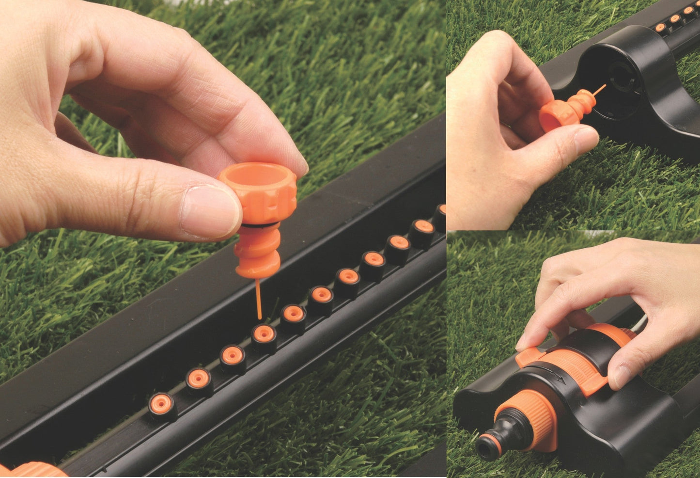 Compact oscillating sprinkler being fitted: orange rotating nozzle attached to black base