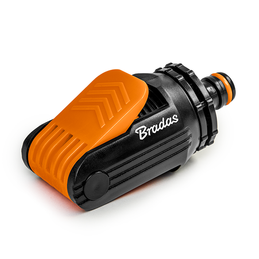 Kitchen Tap Adaptor: zwart-oranje aansluiting met klikgreep en ribbels