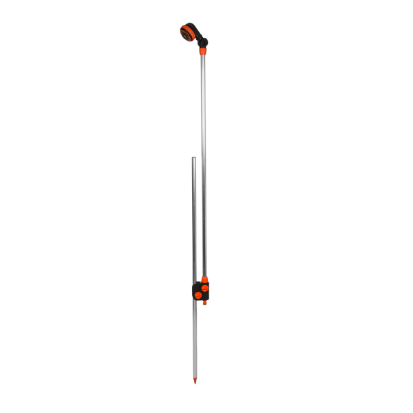 Garden Shower on Stake with orange shower head and metal spike stake