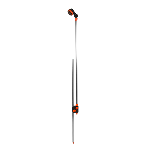 Garden Shower on Stake with orange shower head and metal spike stake