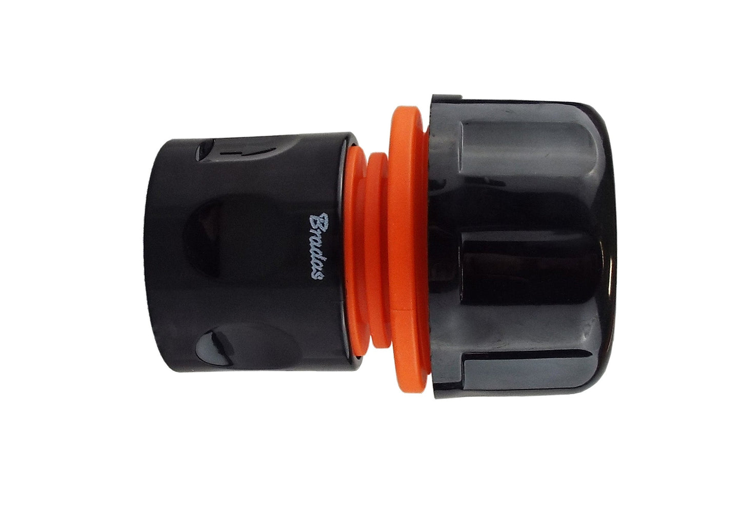 Female hose connector, black body with orange O-ring and outlet