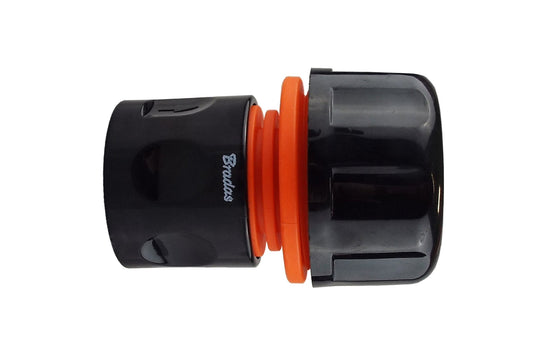 Female hose connector, black body with orange O-ring and outlet