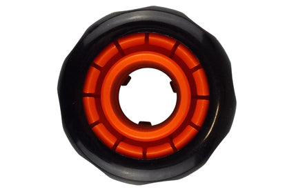 Female hose connector end view, orange insert inside black housing