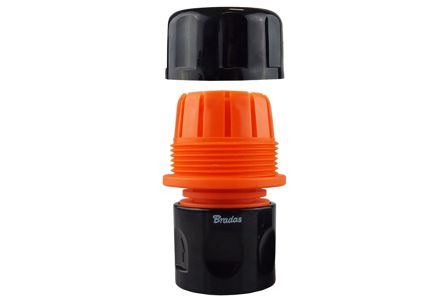 Female hose connector, black base with orange threaded fitting and cap