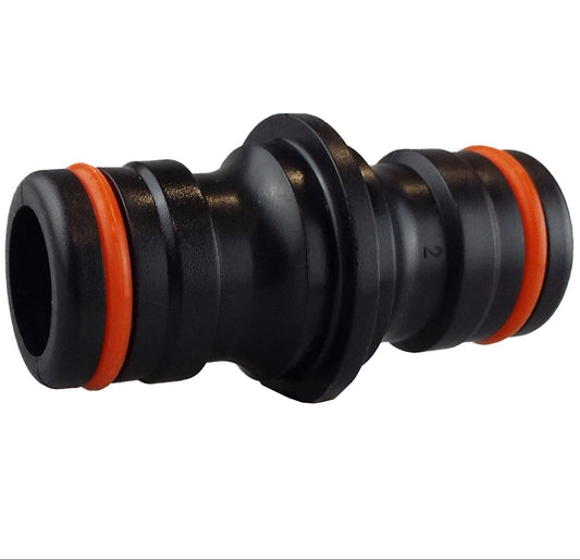Two Way Connector Male, Max Flo black connector with orange O-rings, end view