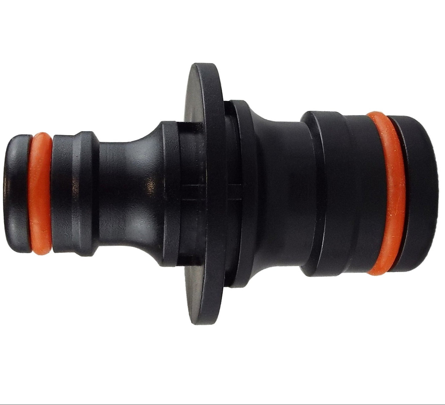 Two-way adaptor male, black body with orange seal bands and front flange