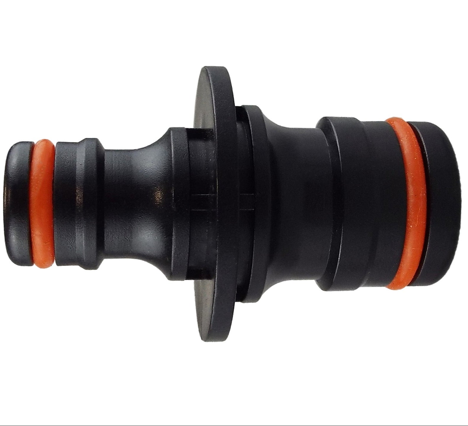 Two-way adaptor male, black body with orange seal bands and front flange