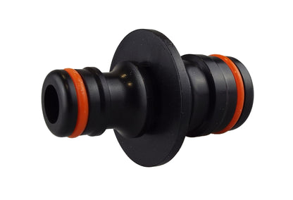 Black snap-on male fitting with orange ring detail and round flange