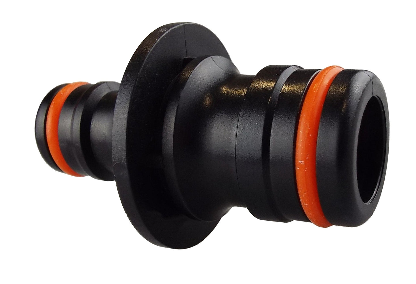 Two Way Adaptor male end, black body with orange seal band and opening