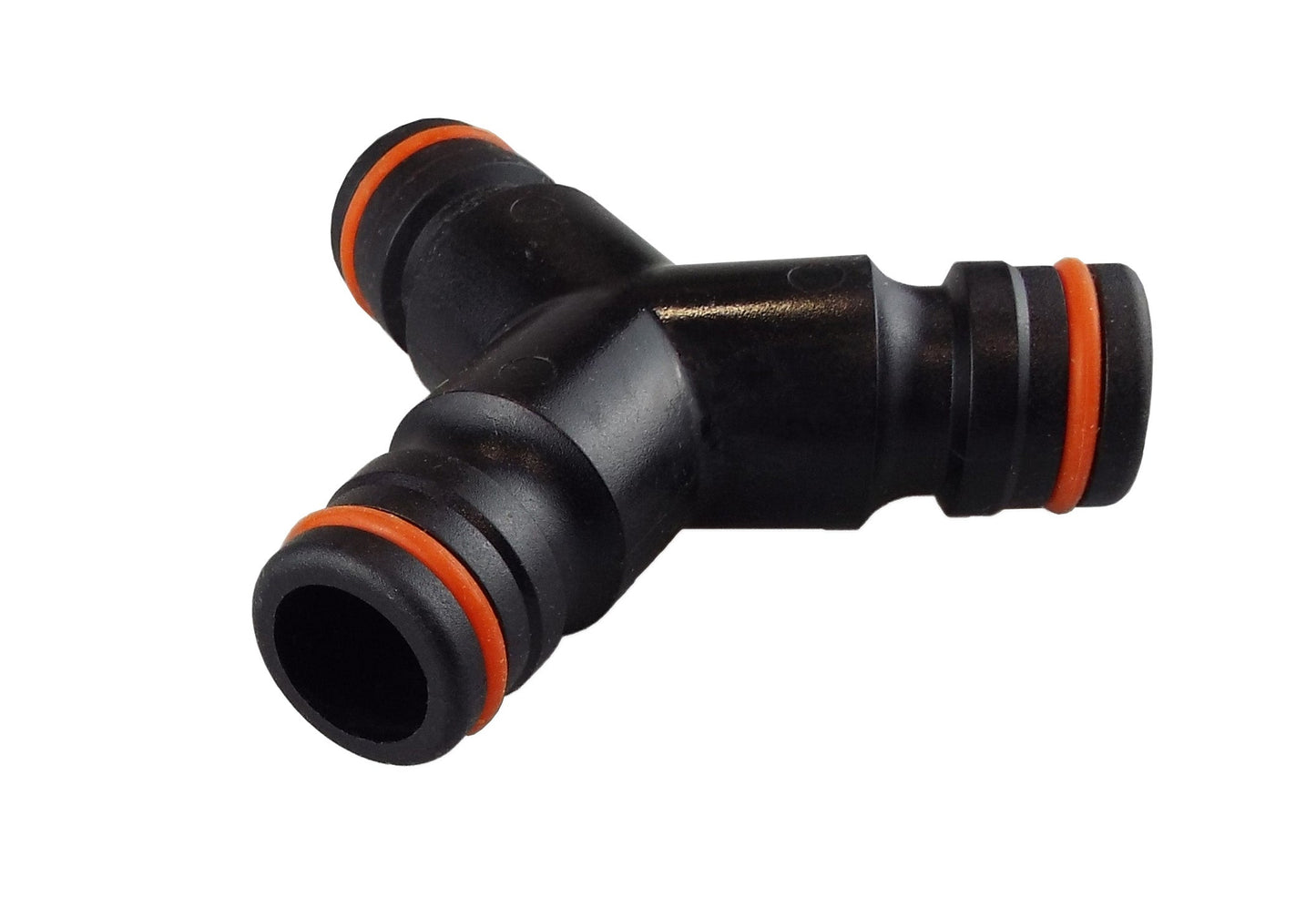 Three Way Splitter Max Flo, black/orange T-style adapter with push-fit ends