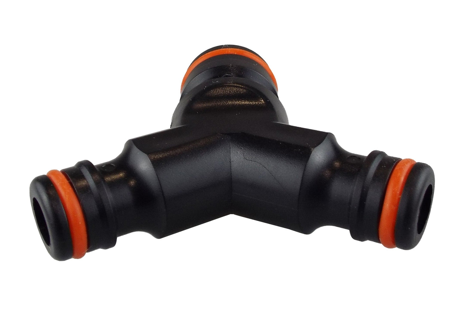 Three-way black connector with orange seal rings and central port