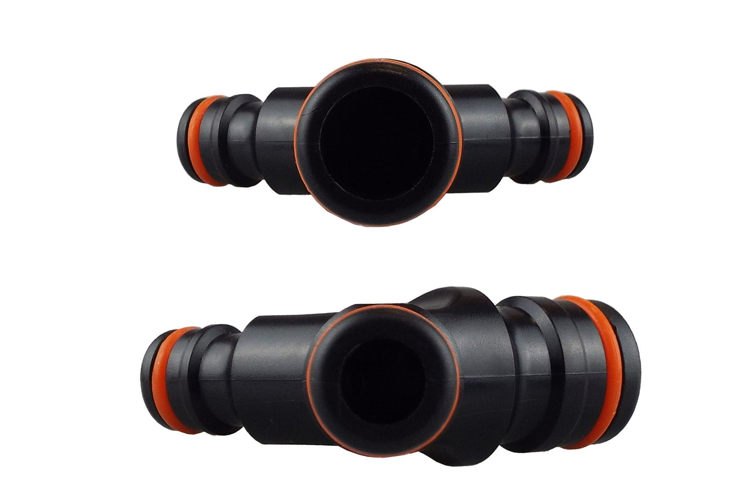 Three-way connector showing two ports and central opening, black/orange