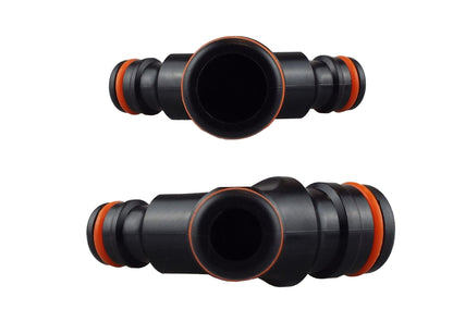 Three-way connector showing two ports and central opening, black/orange