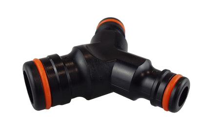 Three-way black hose connector with orange-trimmed push ends