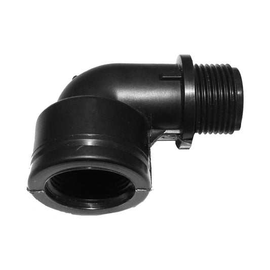 1.5" BSPM-F elbow connector, black, with male threaded inlet and rubber boot