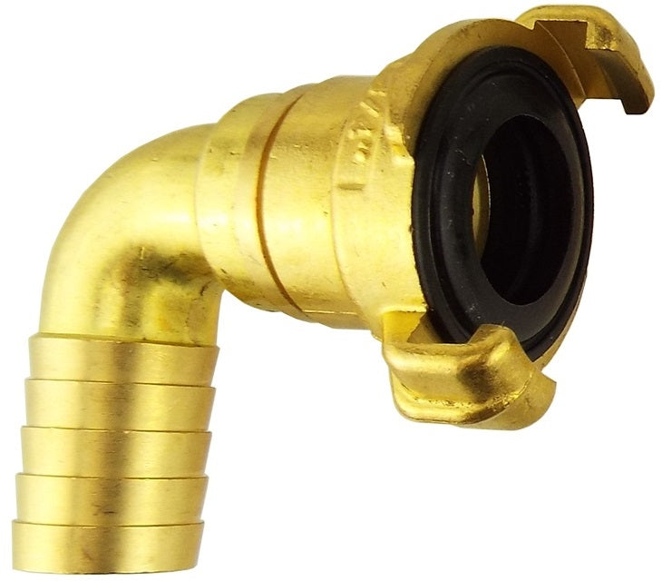 Brass swivel elbow hose fitting 1/2 inch, angled barbed inlet with black rubber seal