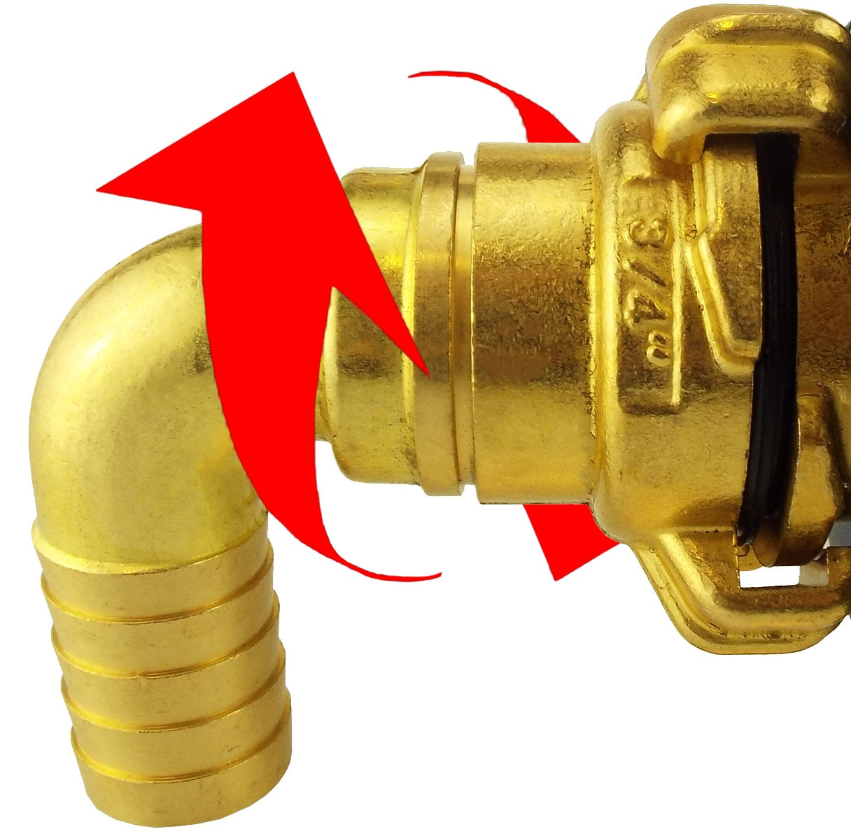 Brass swivel elbow hose fitting, 3/4 inch, with black O-ring seal