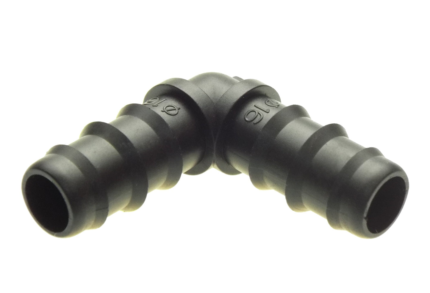 Dark grey 1/2" irrigation elbow fitting with two barbed tube connections