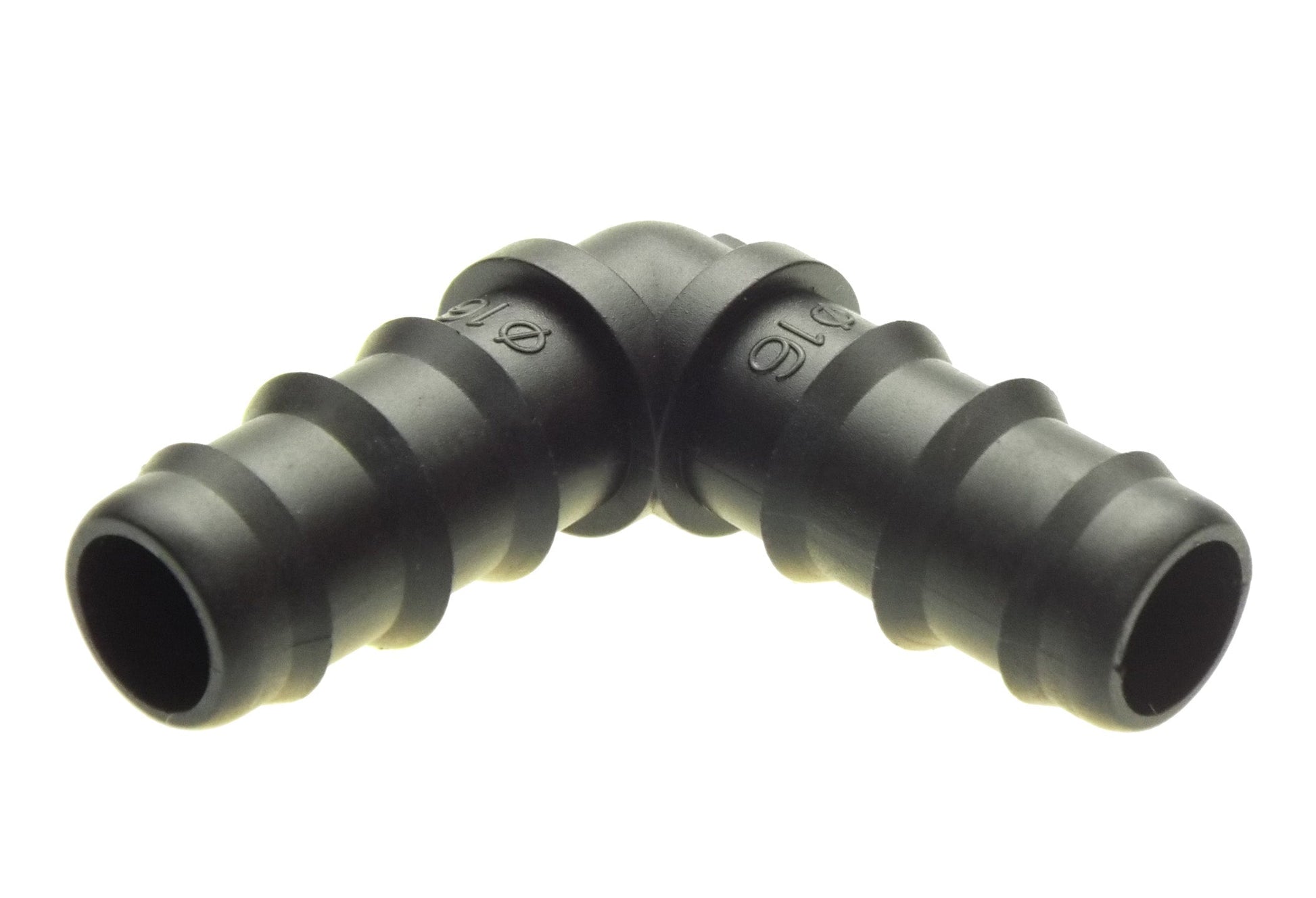 Dark grey 1/2" irrigation elbow fitting with two barbed tube connections