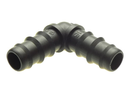 Dark grey 1/2" irrigation elbow fitting with two barbed tube connections