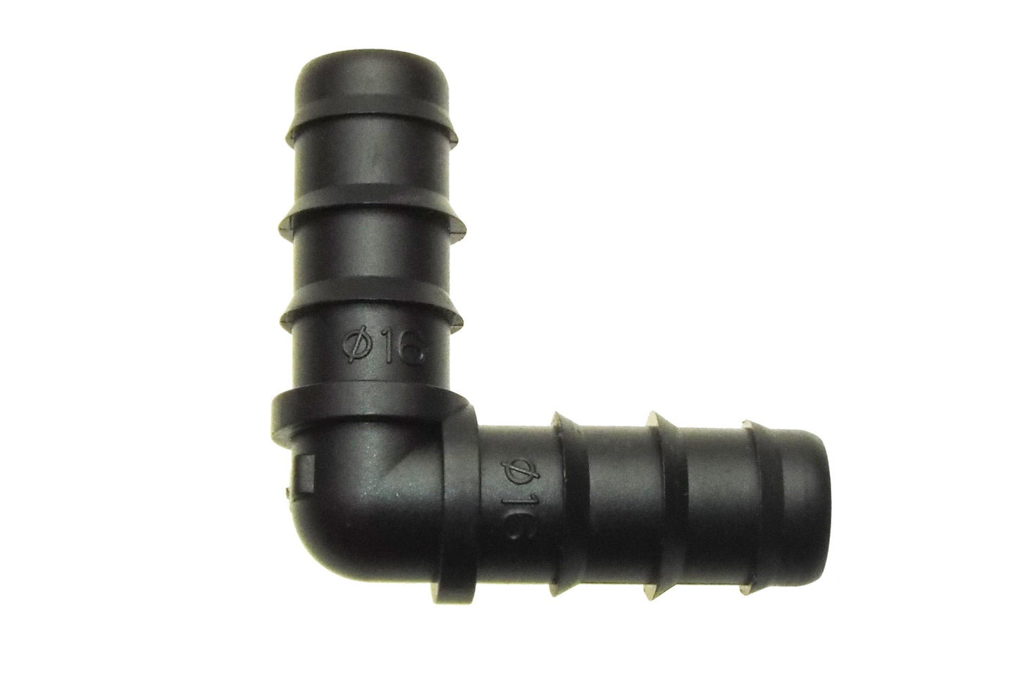 Black 1/2" irrigation pipe elbow with angled 90-degree joint and barbed ends
