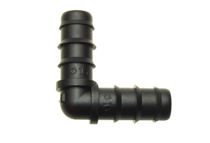 Black 1/2" irrigation pipe elbow with angled 90-degree joint and barbed ends