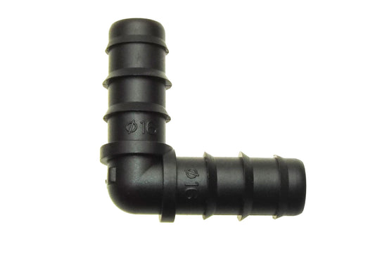 Black 1/2" irrigation pipe elbow with angled 90-degree joint and barbed ends