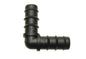 Black 1/2" irrigation pipe elbow with angled 90-degree joint and barbed ends