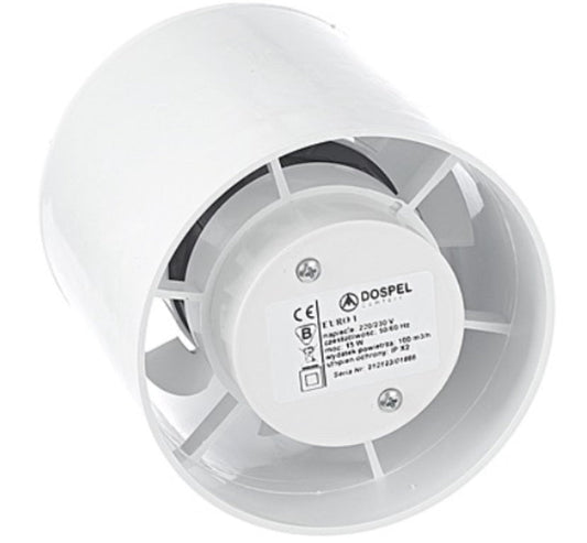 Euro 3 150mm inline bathroom fan—rear label and grille blades