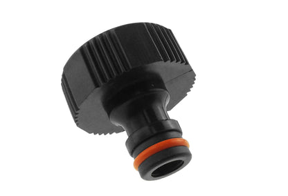 Female tap connector 3/4" BSPF black, angled view with orange seal ring