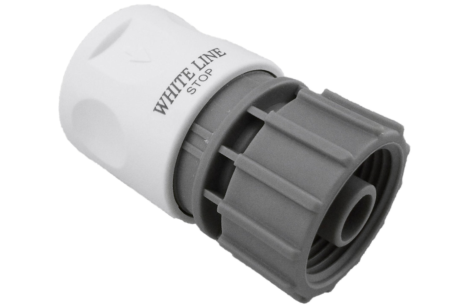 Female hose connector, White Line Stop, angled view of gray/white coupling end