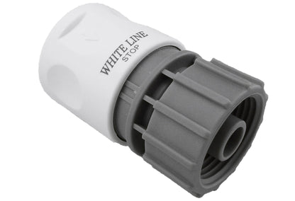Female hose connector, White Line Stop, angled view of gray/white coupling end