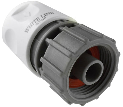 Female hose connector, White Line Stop, gray adapter with visible port and internal seal