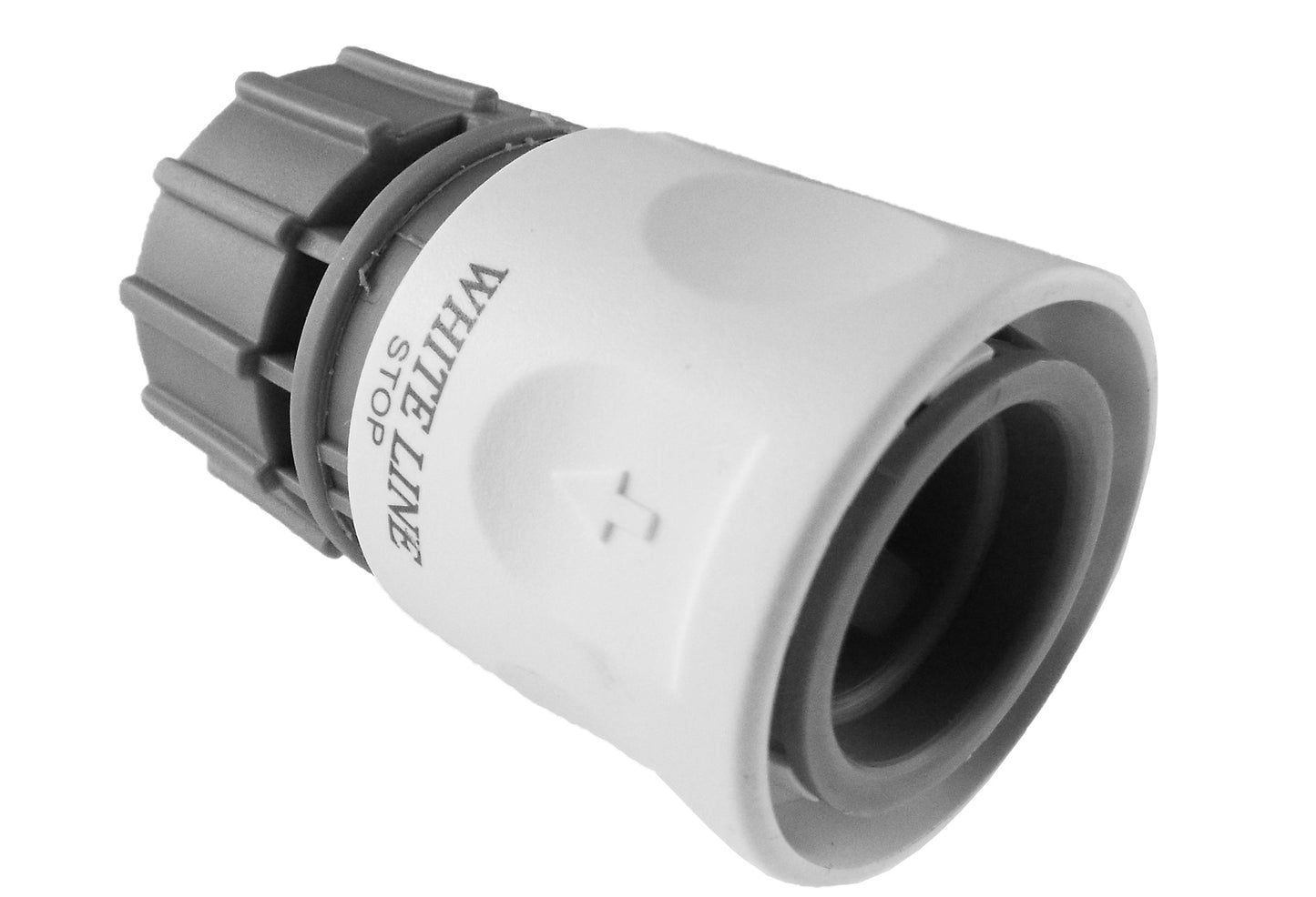 Female hose connector, White Line Stop, gray ribbed ring around white inlet port