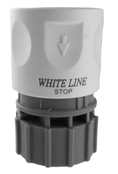 Female hose connector 3/4" BSPF, White Line Stop, down arrow on white cap