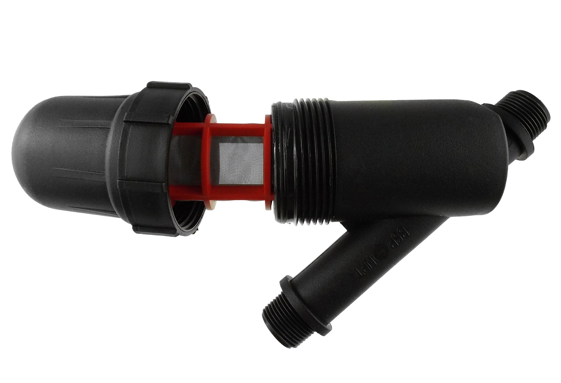 3/4" BSPM-M Wasserfilter mit rotem Siebeinsatz, schwarzem Gehäuse und Gewindeenden