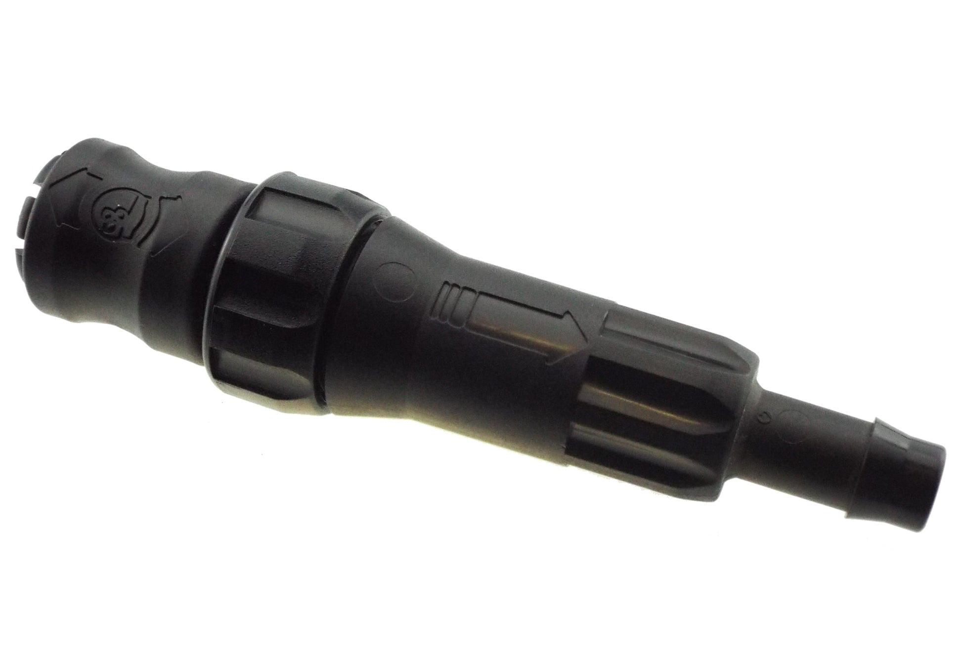 Snap-on filter 13mm barbed fitting with ridged grip collar, black