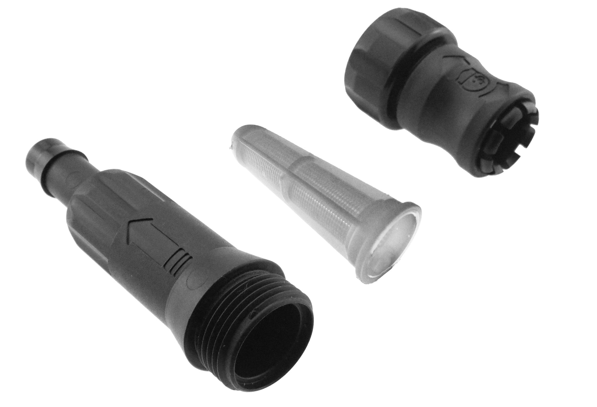 Snap-on filter parts: black barbed ends with clear filter mesh insert