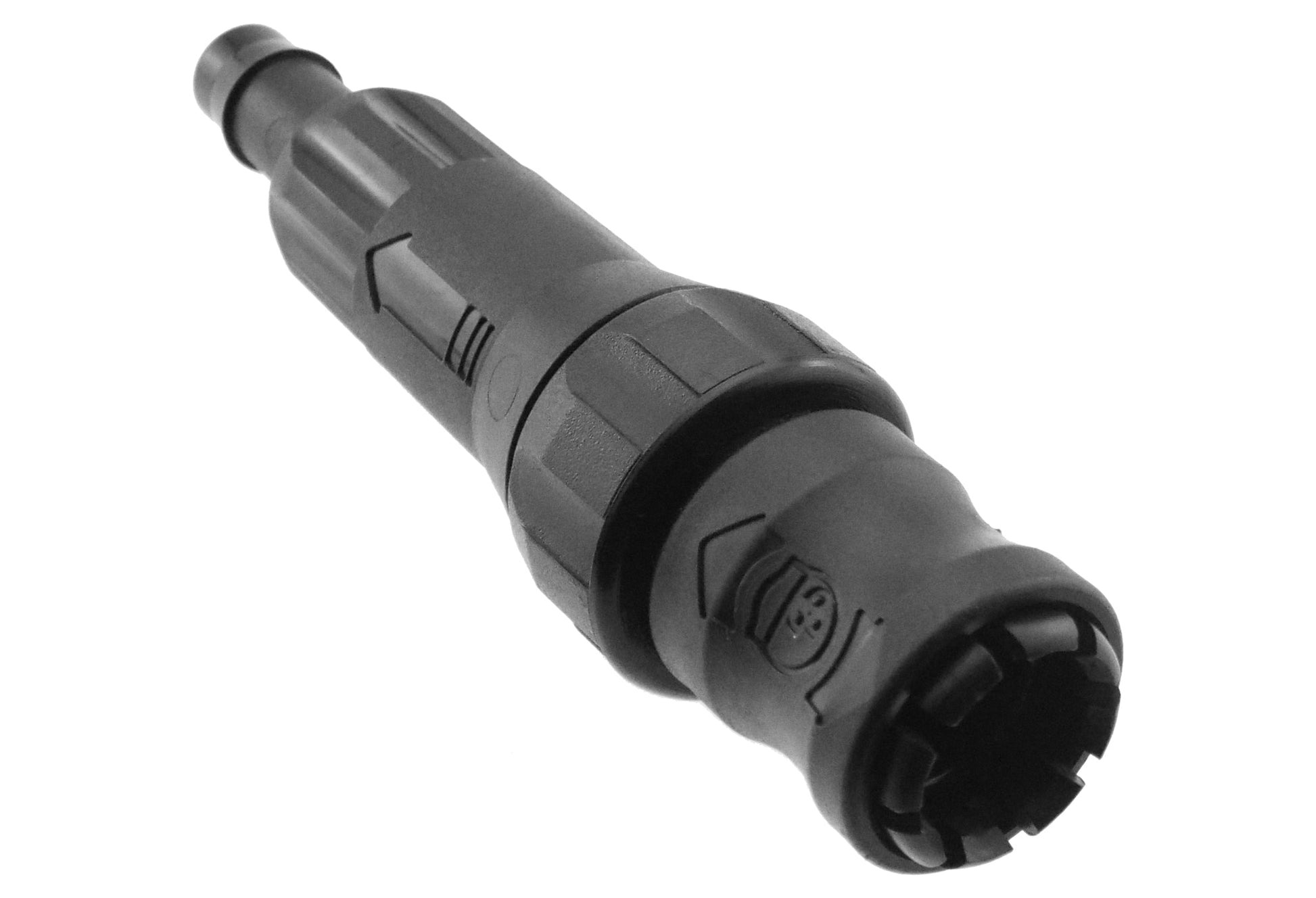 13mm barbed snap-on filter connector tip with locking ribs, black