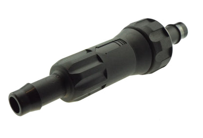 In-line filter 13mm, black cylindrical housing with outlet and inlet ends