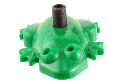 Green frog drip emitter with two eye holes and raised black nozzle