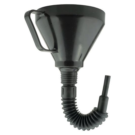 Black flexi car fuel funnel with ribbed hose and spout