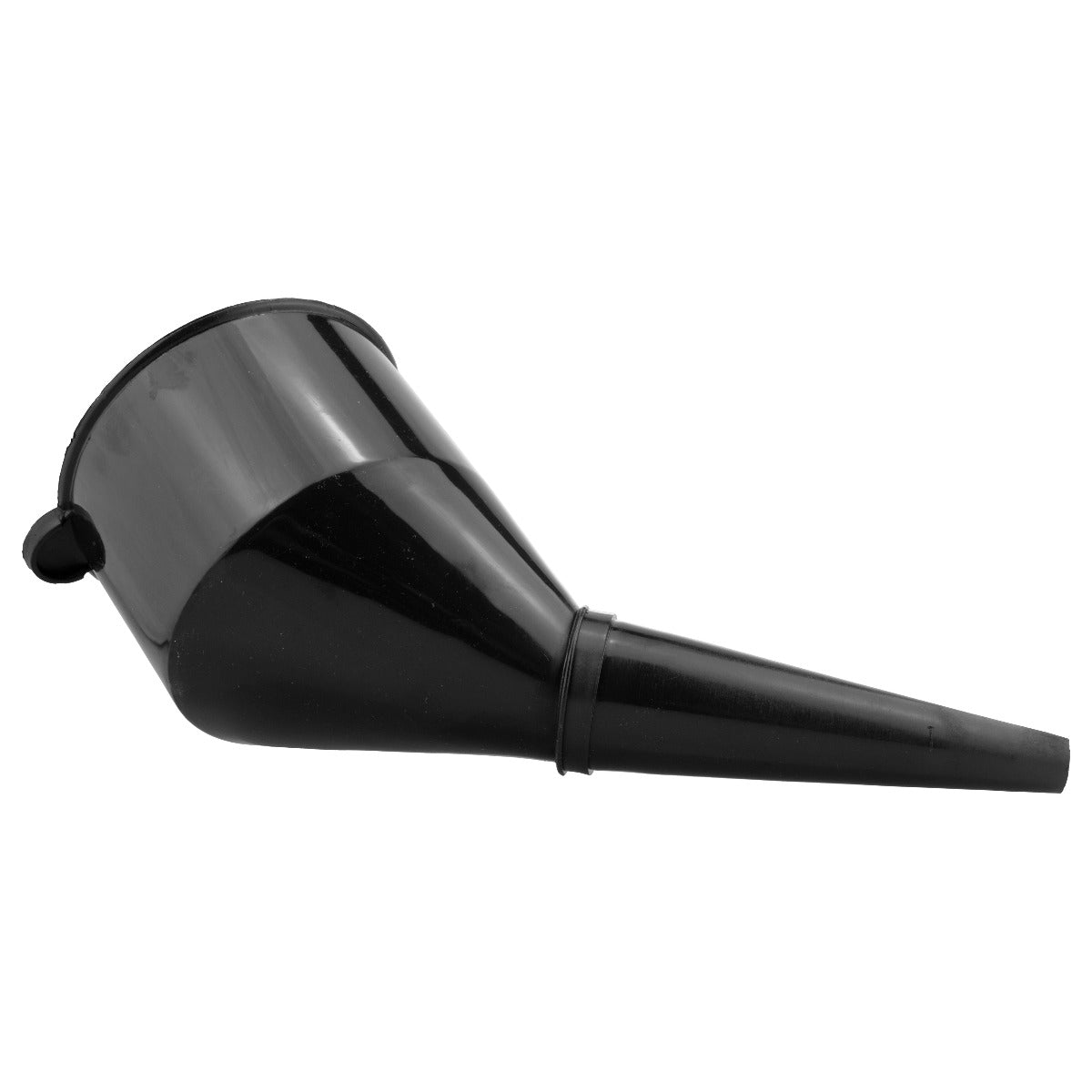 Black angled fuel funnel with side grip cap and long outlet nozzle