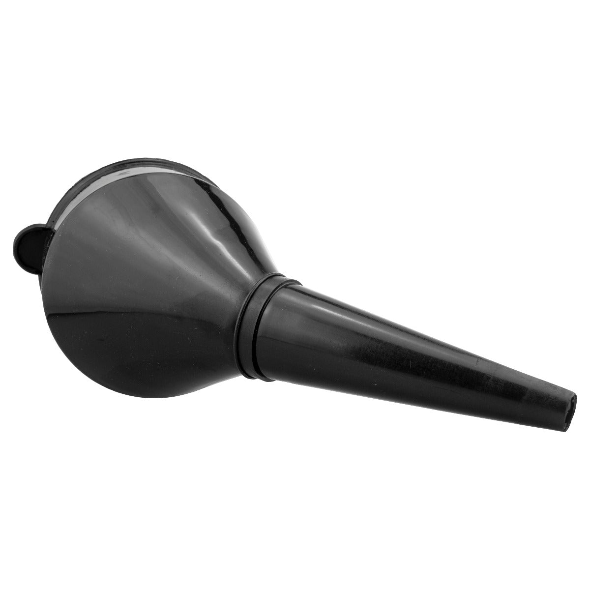 Black angled fuel funnel with filter, rounded funnel body and nozzle