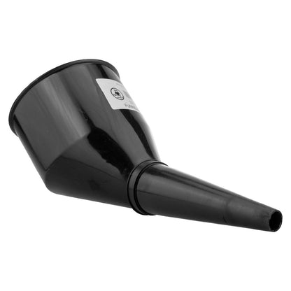 Black angled fuel funnel with filter and connected outlet tube